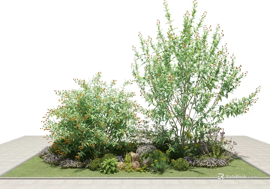 Lush Green Shrubs With Small Plants Stones And Grass Garden Design 3d model 