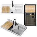 Black Kitchen Sink With Double Bowl Gold Faucet And Wooden Draining Board