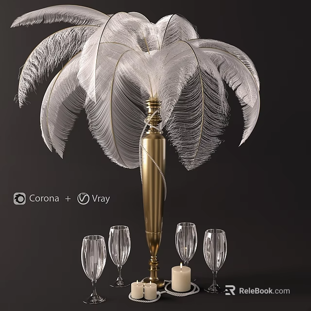 Elegant Decorative Ornament Set With White Feathers Golden Base Wine Glasses And Candles 3d model 