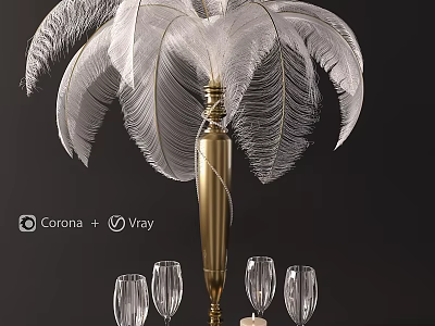 Elegant Decorative Ornament Set With White Feathers Golden Base Wine Glasses And Candles 3d model