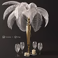 Elegant Decorative Ornament Set With White Feathers Golden Base Wine Glasses And Candles