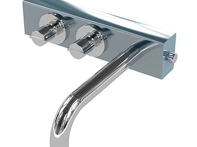 Modern Chrome Finish Double Handle Metal Faucet With Sleek Design And Curved Spout 3d model