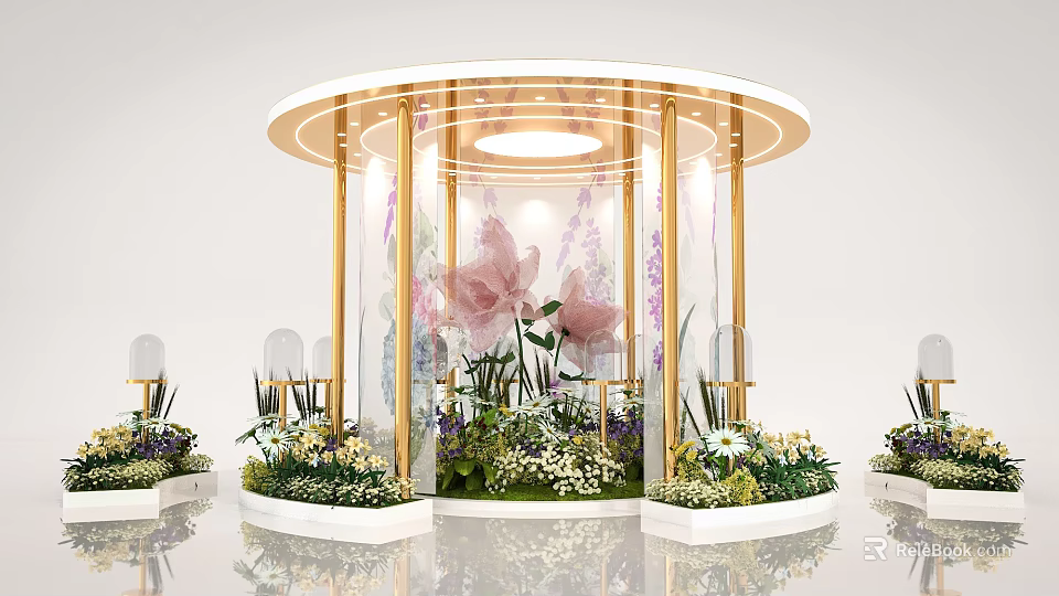 Modern Floral Display With Circular Golden Frame Ceiling Light Green Plants And White Base 3d model 