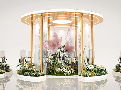 Modern Floral Display With Circular Golden Frame Ceiling Light Green Plants And White Base 3d model