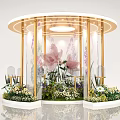 Modern Floral Display With Circular Golden Frame Ceiling Light Green Plants And White Base