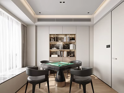 Modern Entertainment Room Interior With Mahjong Table Black Chairs And Wooden Bookshelf 3d model