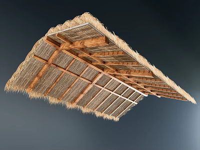 Rustic Ceiling With Thatched Roof And Wooden Frames 3d model