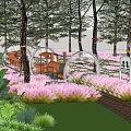 Children's Play Area With Mini Train Ride Through Purple Flower Field And Trees