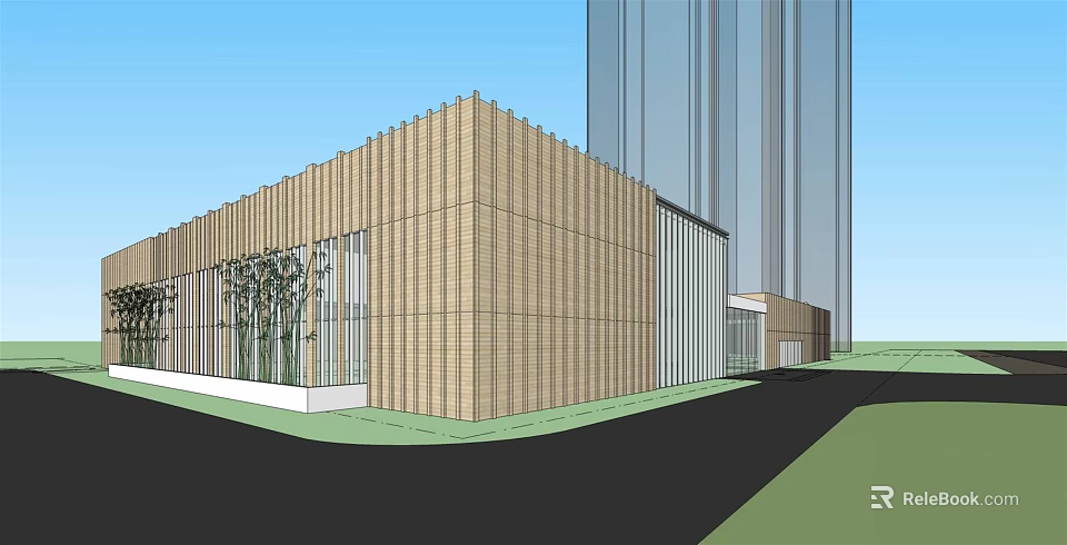 Modern Building With Wooden Texture Facade Glass Curtain Wall Green Plants And Tall Building Background 3d model 