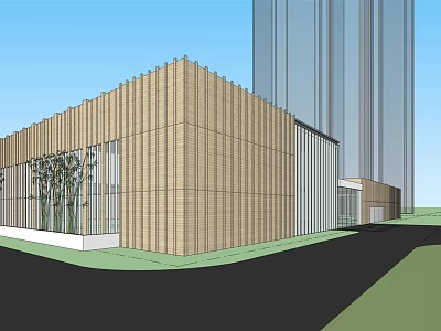 Modern Building With Wooden Texture Facade Glass Curtain Wall Green Plants And Tall Building Background 3d model