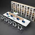 Modern Conference Table With White Chairs Laptops Tablet Green Plant And Glass Cabinets