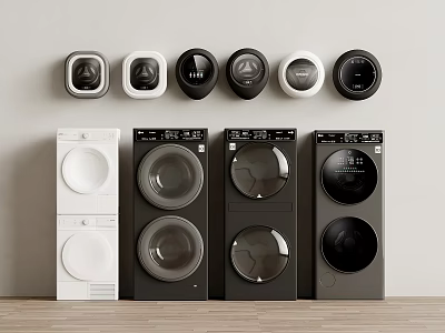 Four Modern Washing Machines In Various Colors With Six Circular Knobs On Wall 3d model