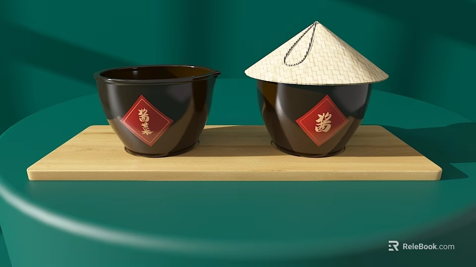 Brown Spice Jars With Red Fu Character And Bamboo Hat On Wooden Board Green Background 3d model 