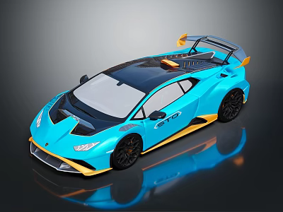 Blue Sports Car With Black Roof And Yellow Accents Aerodynamic Rear Spoiler And Streamlined Body 3d model