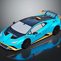 Blue Sports Car With Black Roof And Yellow Accents Aerodynamic Rear Spoiler And Streamlined Body