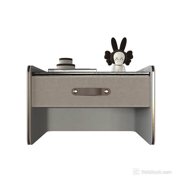Modern Minimalist Nightstand With Drawer Leather Handle Plush Rabbit Toy And Stacked Books 3d model 