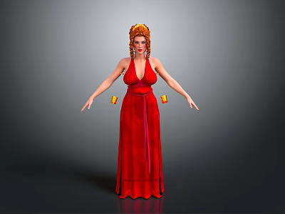 Woman In Red Long Dress With Golden Headdress Holding Yellow Objects On Gray Background 3d model