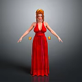 Woman In Red Long Dress With Golden Headdress Holding Yellow Objects On Gray Background