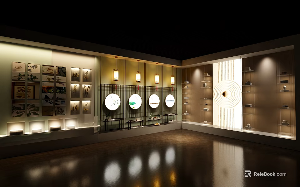 Modern Exhibition Interior With Display Wall Circular Decor And Lighting Fixtures 3d model 