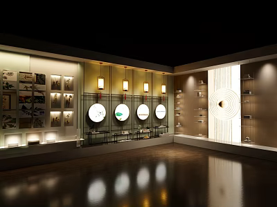 Modern Exhibition Interior With Display Wall Circular Decor And Lighting Fixtures 3d model