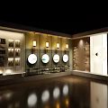 Modern Exhibition Interior With Display Wall Circular Decor And Lighting Fixtures