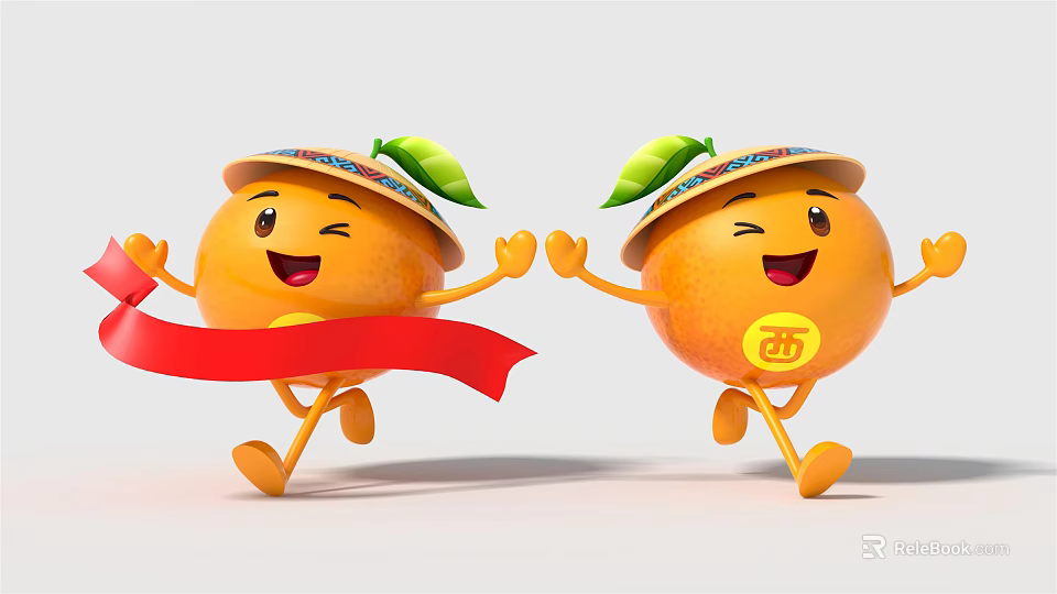 Orange Dolls Wearing Hats With Leaves Smiling Faces Holding Red Ribbon And Xi Character 3d model 