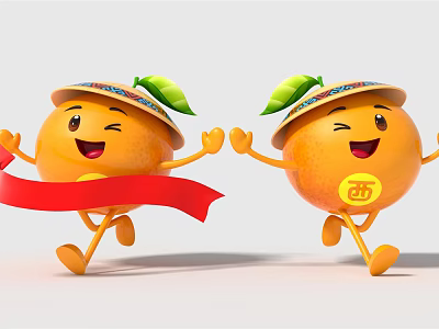 Orange Dolls Wearing Hats With Leaves Smiling Faces Holding Red Ribbon And Xi Character 3d model