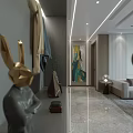 Modern Living And Dining Room Interior With Elegant Sculpture Decorative Painting Sofa And Marble Floor