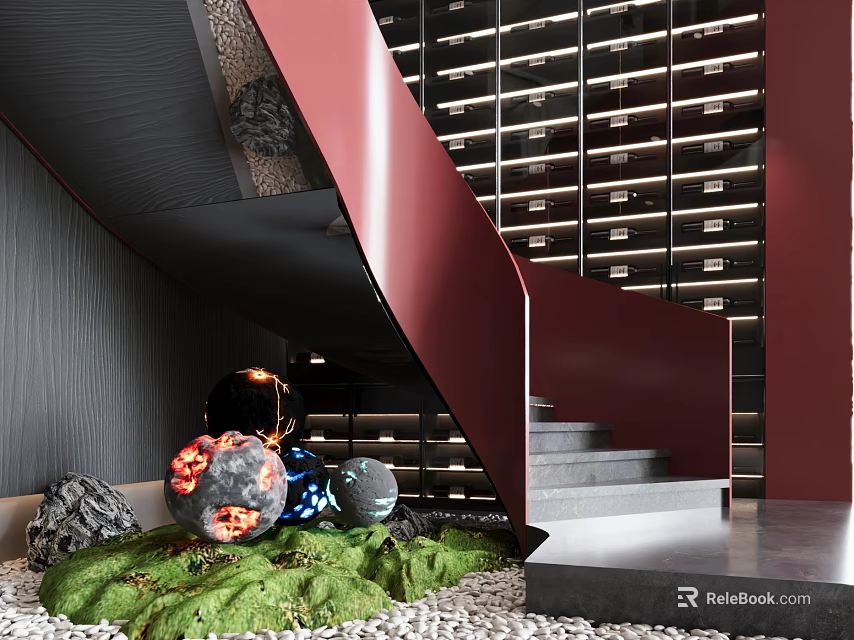 Modern Interior With Red Staircase Black Walls Decorative Spheres Green Grass And Pebbles 3d model 