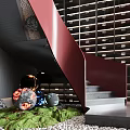 Modern Interior With Red Staircase Black Walls Decorative Spheres Green Grass And Pebbles