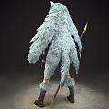 Woman in Wolf Head Decorated Outfit Holding Spear with Feather Details
