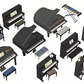 Various Black Grand And Upright Pianos With Stools For Music Instruments