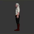 Man with White Hair Wearing White Shirt Brown Belt Black Pants and Red Boots