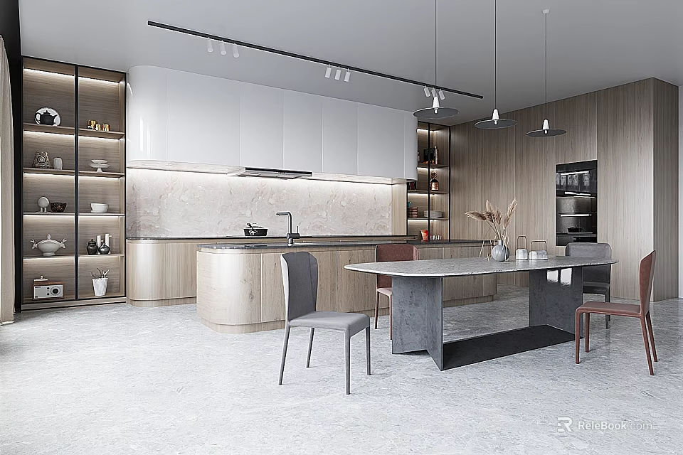 Modern Kitchen Design With White Cabinets Wooden Accents Central Island Dining Table And Hanging Lights 3d model 
