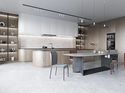 Modern Kitchen Design With White Cabinets Wooden Accents Central Island Dining Table And Hanging Lights 3d model