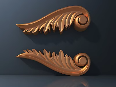 Golden Carved Leaf Scroll Decorative Ornaments with Elegant Curves on Dark Background 3d model