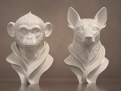 White Animal Head Sculptures Monkey And Dog With Wavy Base Design 3d model