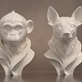 White Animal Head Sculptures Monkey And Dog With Wavy Base Design
