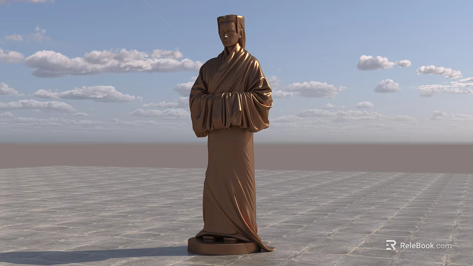 Traditional Bronze Landscape Sculpture In Robe Standing On Open Square With Blue Sky 3d model 