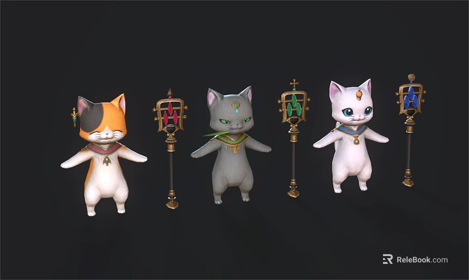 Colorful Standing Cats With Scarves Collars By Golden Lanterns Red Green Blue Accents 3d model 