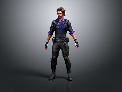 3D Male Sci Fi Character In Tactical Black Blue Outfit With Gloves Belt And Boots 3d model
