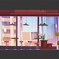 Cartoon Cafe Interior Scene With Counter Yellow Stools Tables Framed Pictures And Pink Checkered Floor