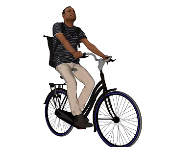 Man riding bicycle in striped shirt with khaki pants and backpack 3d model