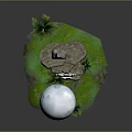 Cartoon Scene Featuring Big Moon Panda On Stone Platform With Green Grass And Plants