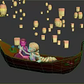 Game And Movie Characters Sitting On Wooden Boat With Floating Lanterns