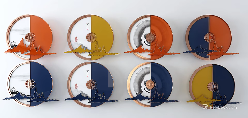 Circular Wall Decor with Mountain Moon Patterns and Copper Trim in Orange Yellow Blue 3d model