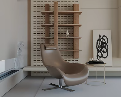 Modern Beige Leather Leisure Chair With Wooden Shelf Artwork And Side Table 3d model