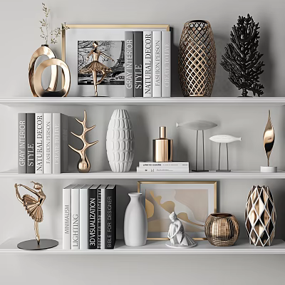 Elegant Decorative Ornament Set With Statues Vases Books And Picture Frames On Shelves 3d model