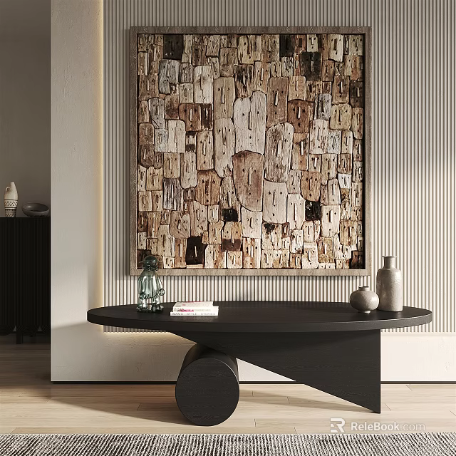 Interior Decor Featuring Wooden Collage Artwork Black Table And Decorative Items 3d model 