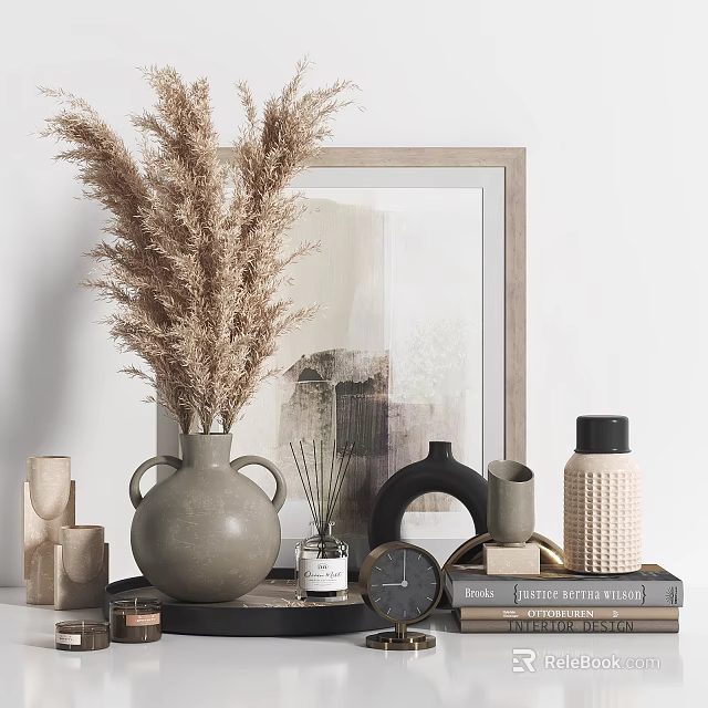 Modern Decorative Ornament Set With Vase Dried Pampas Grass Diffuser Clock And Books 3d model